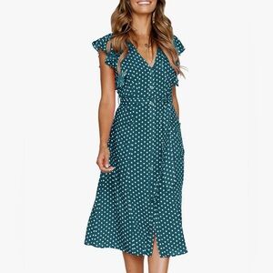 Blue and White Flutter Sleeve V-Neck Midi Dress